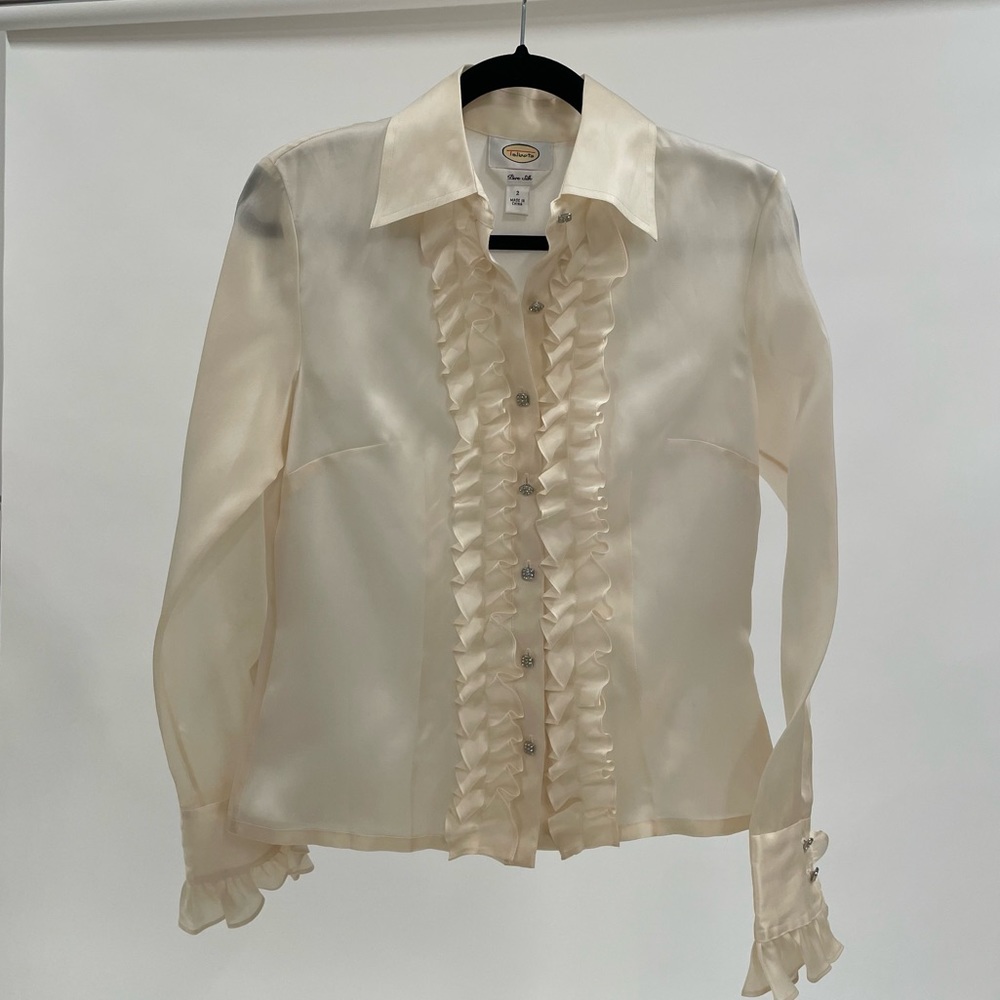 Talbots Silk Cream Ruffle Button Up with Embellished Buttons Size 2